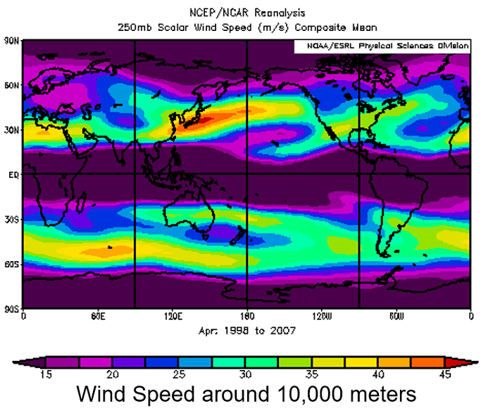 Global 10 years average wind speed distribution around 10000m (10km) altitude